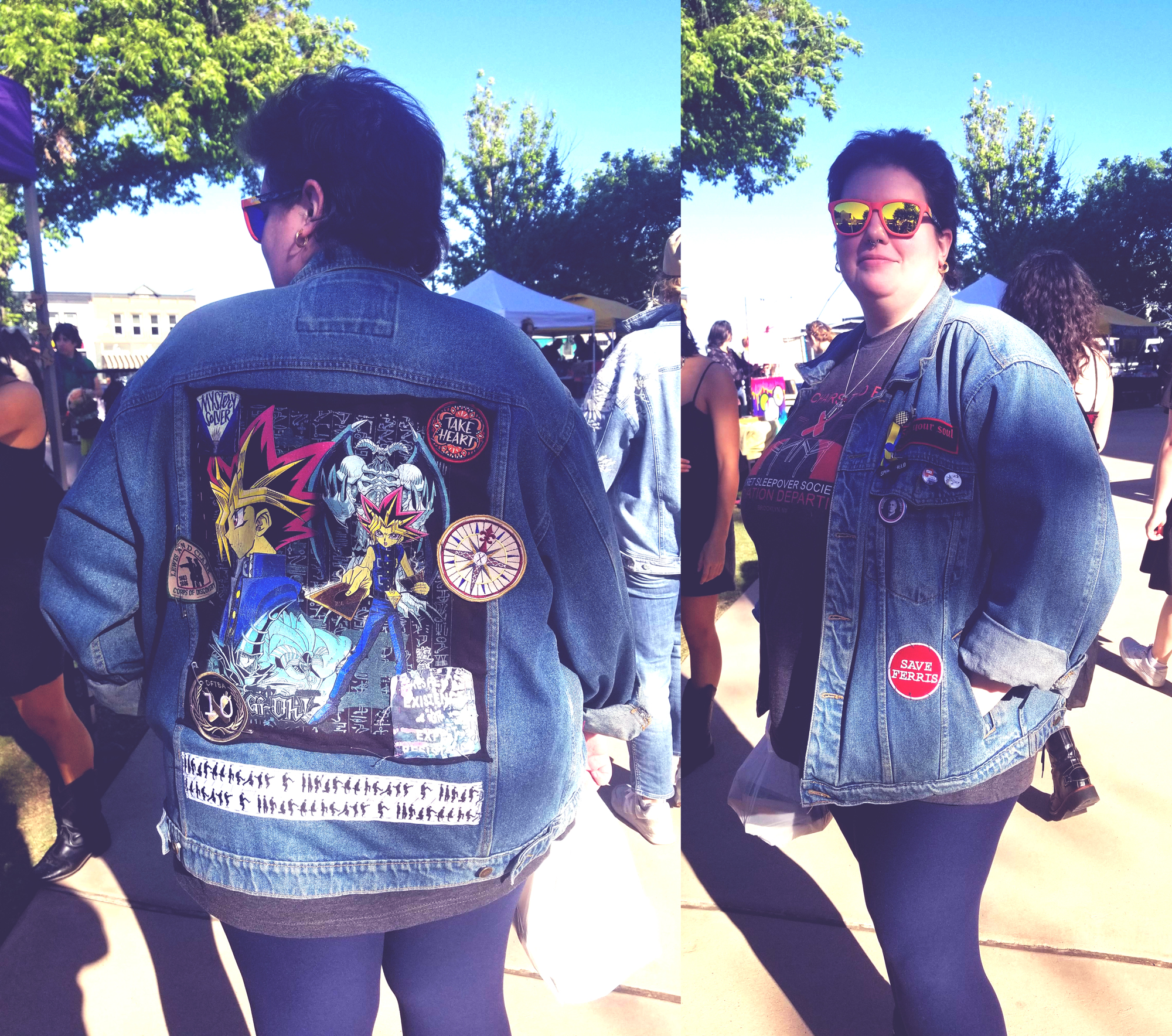 A person with a wolfcut mullet has white skin and is wearing sunglasses, they are wearing a Yu-gi-oh custom designed denim jacket filled with patches. 
