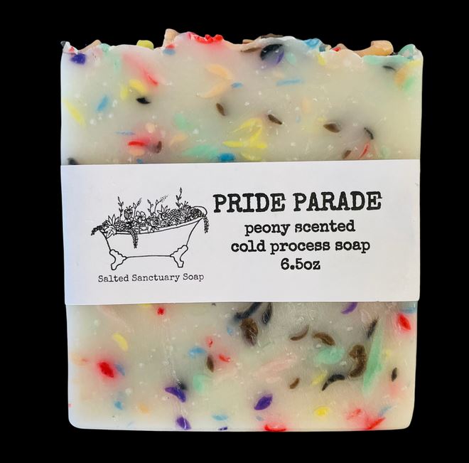 Rainbow pride peony scented cold process soap. 