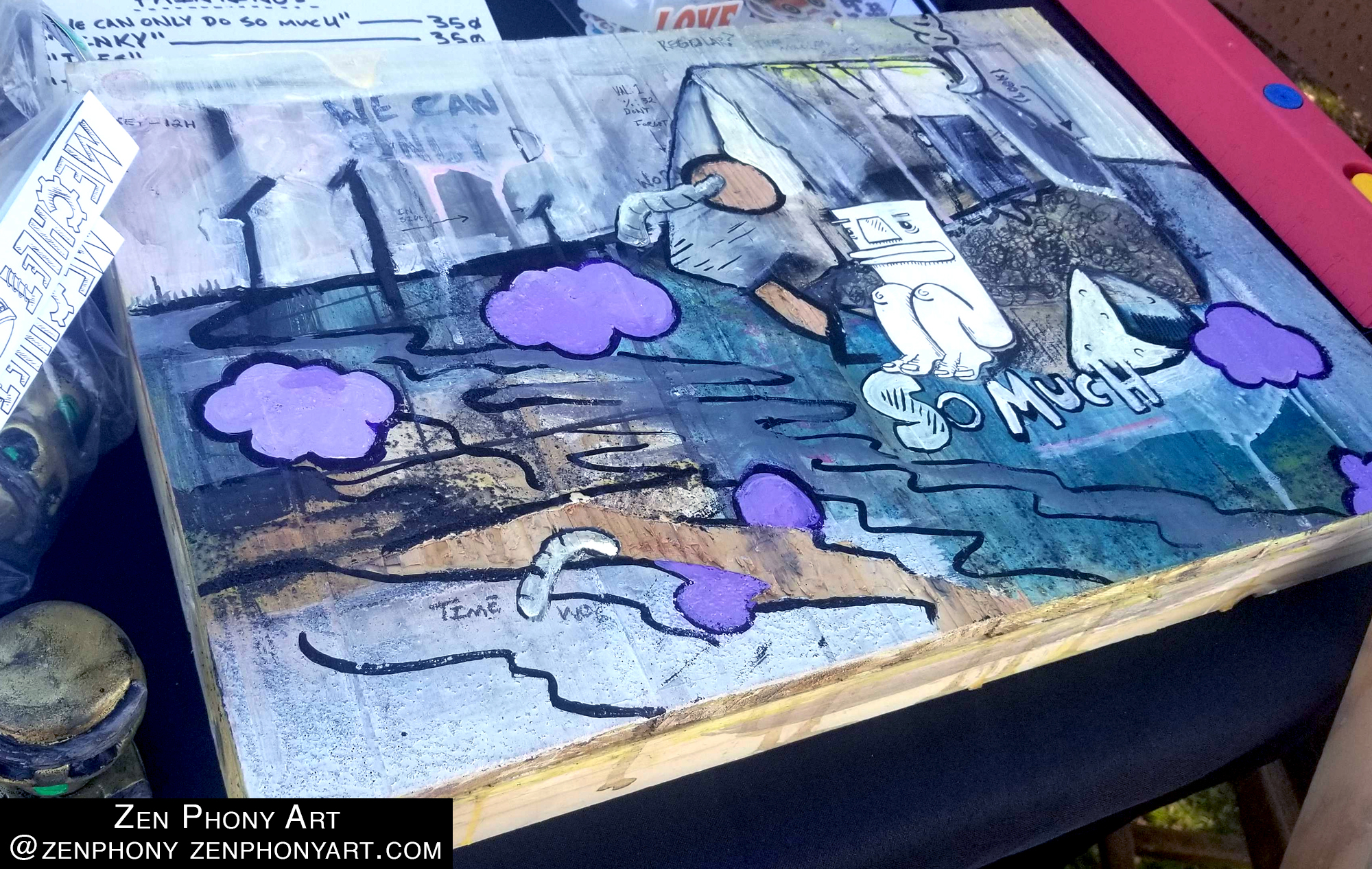 Artwork featuring a creature/man sitting on the shoreline of a pollution river. 